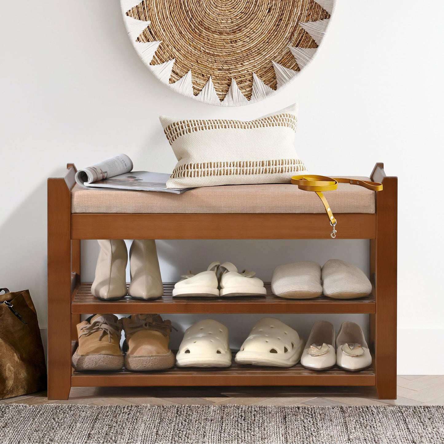 PETKABOO Shoe Rack Bench with Storage 27.6 in, Entryway Bench Shoe Storage with Cushion for Hallway, Bedroom, Living Room