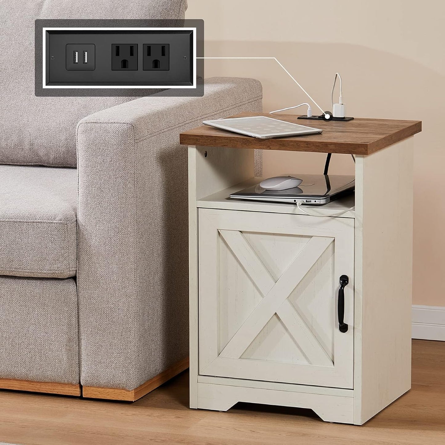 AMERLIFE 4 Pieces Living Room Table Sets, 70" Farmhouse TV Stand with 33" Electric Fireplace, Coffee Table & 2 End Tables with Charging Station and USB Ports, Living Room, White & Barnwood
