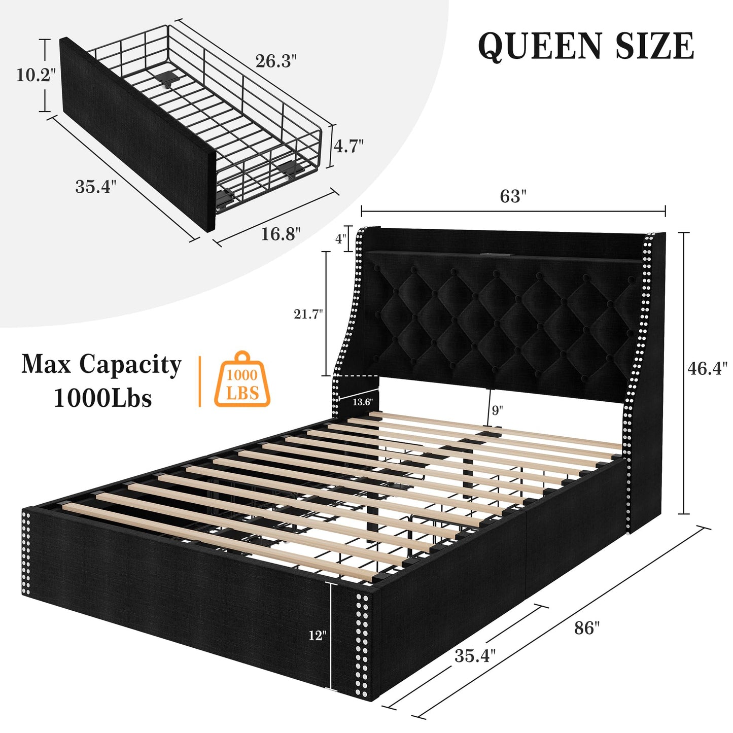 Reljofum Upholstered Queen Bed Frame with 4 Storage Drawers,Wingback Headboard with Charging Station, Diamond Stitched Button Tufted Design, No Box Spring Needed, Black
