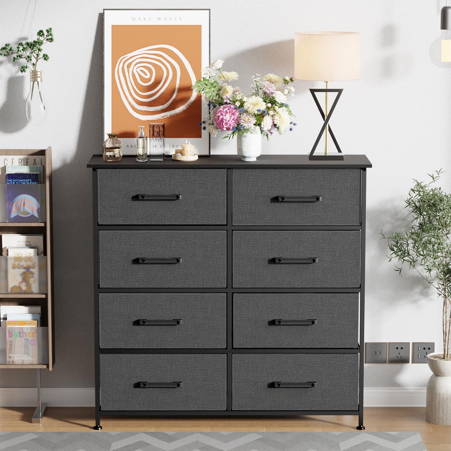FDW 8-Drawer Fabric Dresser for Bedroom,Closet Dresser with Metal Frame and Wooden Top Tall Storage Tower for Closet,Living Room and Entryway,Grey