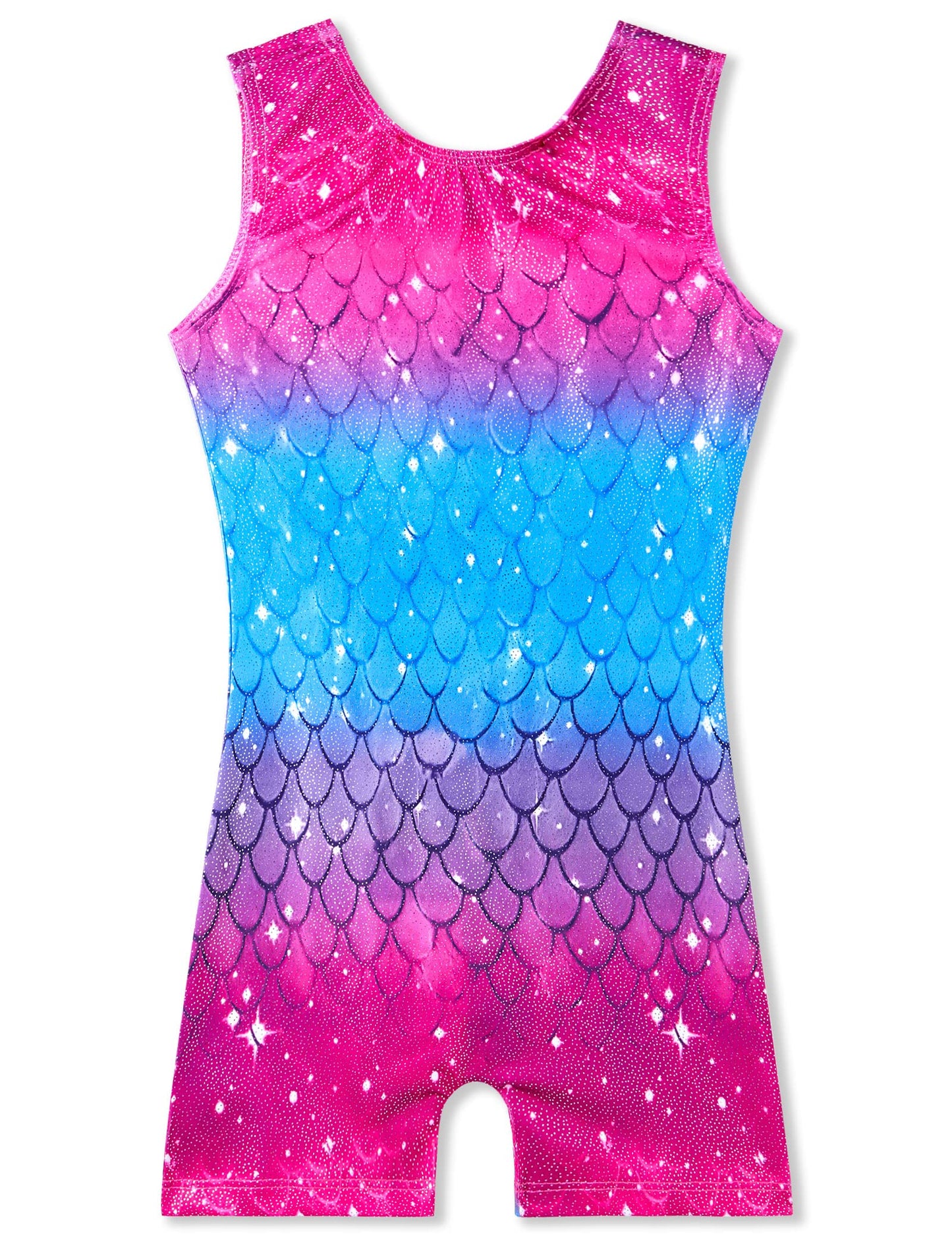 TENVDA Girls Gymnastics Leotards Size 5-6 Years Old Tank Biketard Sparkle Blue Purple Mermaid Scale Printed Workout Unitard