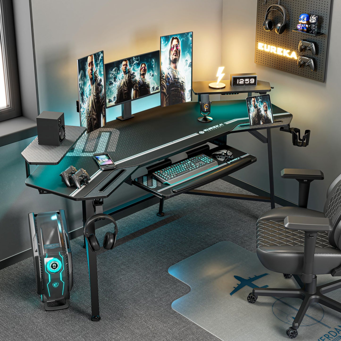 EUREKA ERGONOMIC Aero Gaming Desk with Led Lights, 72" Large Wing-Shaped Studio Desk W Keyboard Tray Monitor Stand Dual Headphone Hanger Cup Holder for Live, Streamer