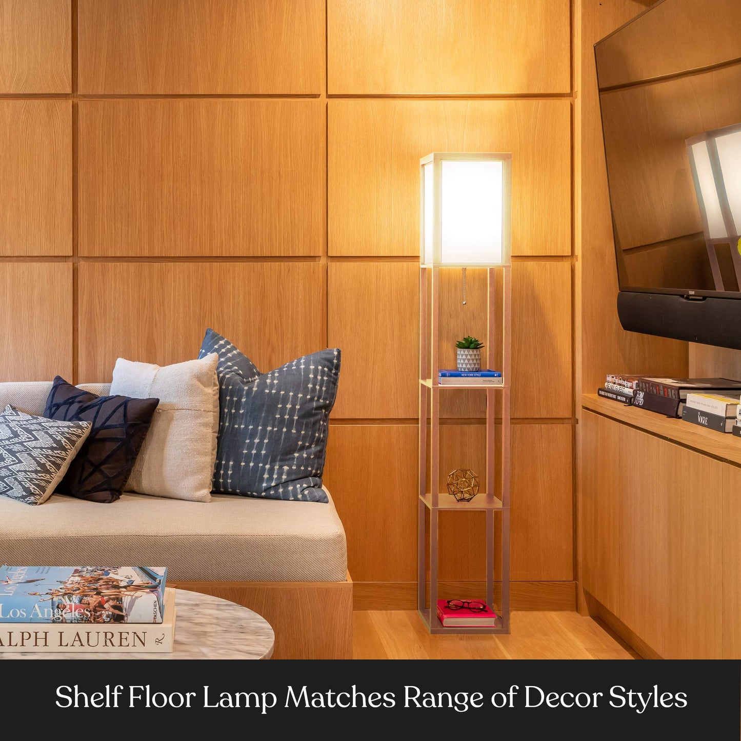 Brightech Maxwell - Modern Shelf Floor Lamp with Lamp Shade and LED Bulb - Corner Display Floor Lamps with Shelves for Living Room, Bedroom and Office - Natural Wood