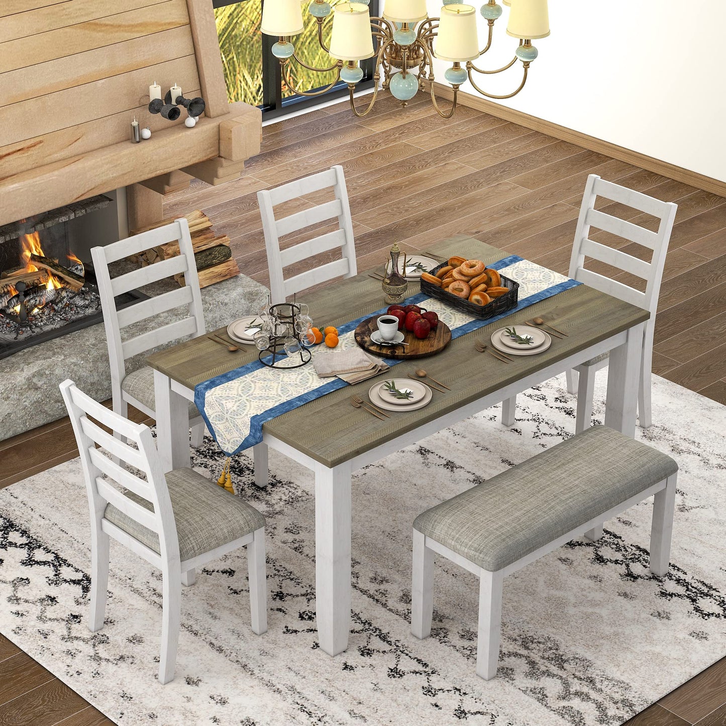 Merax 6 Piece 60in Dining Set for Home, Kitchen, Dining Room, Rectangular Table Set with 4 Upholstered Chairs & a Bench, Rubber Wood Dining Room Table Set for 6 (Brown + Whitewash, Rustic Style)