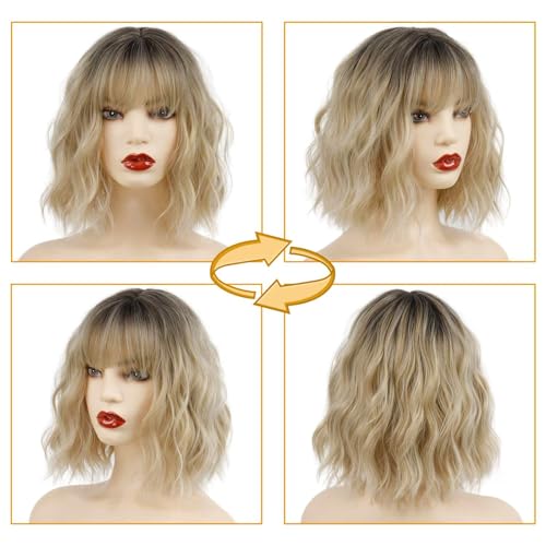 MISSQUEEN Short Ombre Blonde Wigs with Bangs Synthetic Wavy Curly Pastel Blonde Bob Wig for White Women Girl Colorful Cosplay Wig