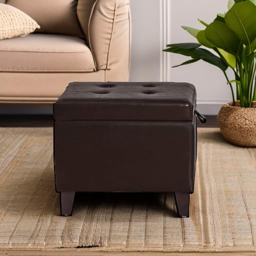 Asense 17 Inch Square Storage Ottoman,Small Foot Rest Stool for Couch, Faux Leather Upholstered Footstool Cube for Entryway Bedroom Living Room,Brown