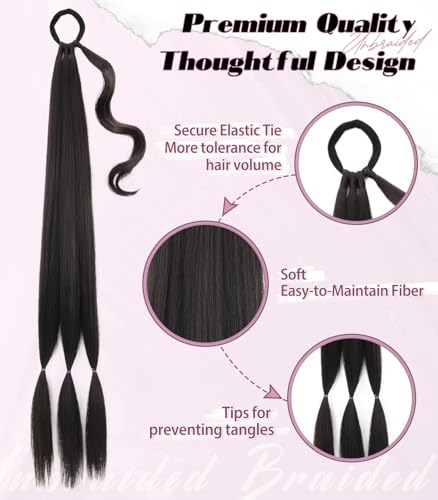 Long Braid Ponytail Extension with Hair Tie DIY Wrap Around Synthetic Hairpiece Natural Soft Fluffy Style for Women’s Daily Wear (34 Inch Brown Black)