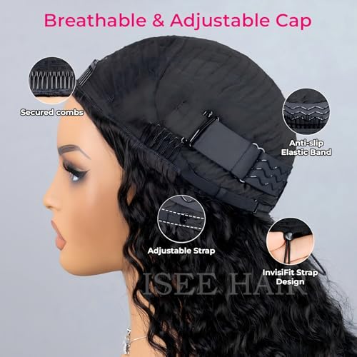 ISEE Half Wig Human Hair Water Wave Human Hair Glueless Wigs Seamless Clip Ins Flip Over Wear Go Wig Invisible Hairline Beginner Friendly 20 Inch