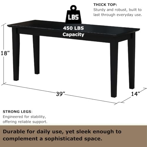 IC INTERNATIONAL CONCEPTS Shaker Style Bench Real/Solid Parawood, Kitchen/Dining, Sturdy & Reliable Seating, Easy Assembly, 39"W x 14"D x 18"H, 450 Lbs Wt. Capcity, Black