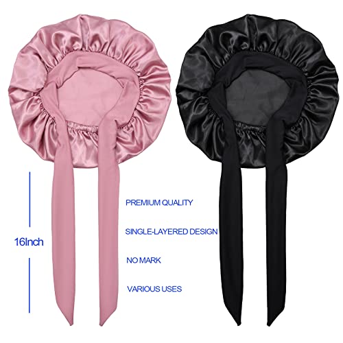 Satin Silk Bonnet Hair Cap: 2pcs Bonnets for Kids with Elastic Tie Band Adjustable Straps for Sleeping Sleep Comfortable - Stretchy Tie Band Hair Bonnets No Slip-Off (Black-Rosegold-K)