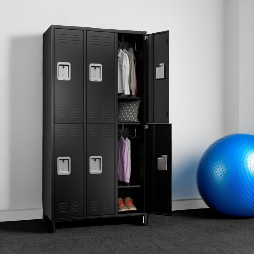 Aobabo Metal Locker for Employees, 6 Doors Metal Locker Cabinet with Lock, Industrial Storage with 18 Hooks, Storage for Office Gym, Dormitory, Assembly Required, Black