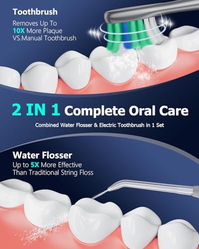 Professional Electric Toothbrush with Water Flosser, 600ML Water Dental flosser Ultrasonic Toothbrush Combo, Brushing & Flossing- for Teeth Cleaning and Gum Health with Extra Tips for Multiple Users