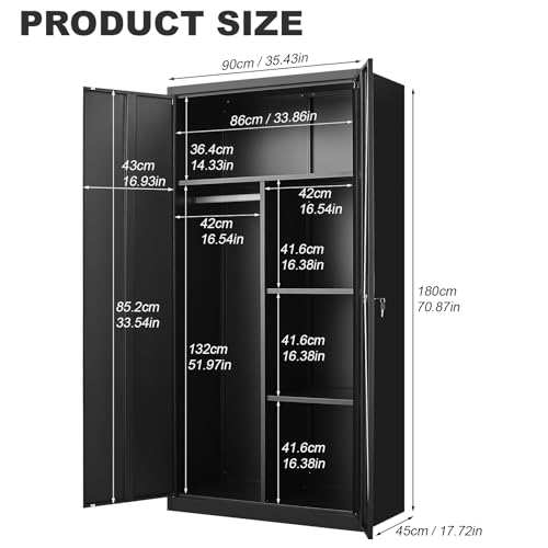 Avanroolux Metal Storage Cabinet with Lock, Large-Capacity Wardrobe Closet with Hanging Rod and Shelf, 71'' Clothing Coat Steel Storage Freestanding Wardrobe for Office, Home, School and Gym (Black)