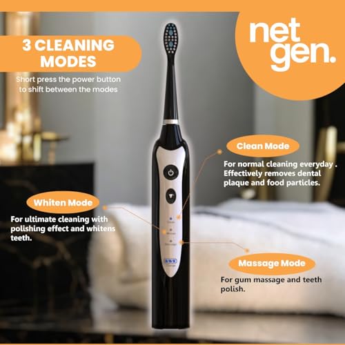 Sonic Electric Toothbrush for Adults with 5 Toothbrush Replacement Heads, 3 Brushing Modes & 2 Minutes Built-in Timer, Travel Toothbrushes with Inductive Charging, Rechargeable toothbrush | Black