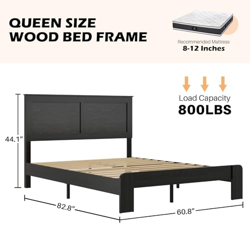 Queen Size high Bed Frame - Wooden Platform with Headboard， with Under Bed Storage， Farmhouse Rustic Bed Frame，No Box Spring Needed, Easy Assembly, Black