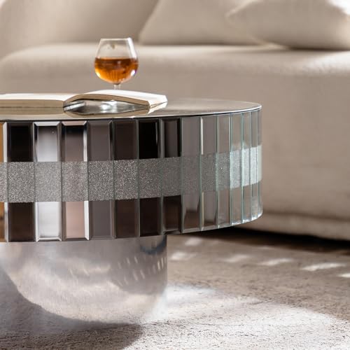 Modern Round Mirrored Coffee Table for Living Room, Silver Glass with Decorative Crystal Edge, Glam Round Accent Table Mirrored Center Table for Home Office, Silver, 31'' Dia x 14''H