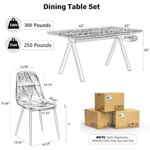 RGZ 63" Modern Rectangular Dining Table Set for 4, 5-PCS Rustic Walnut Kitchen Table & 4 Brown Upholstered Faux Leather Chairs, Mid Century Wood Dinner Table for Dining Room, Home, Living Room