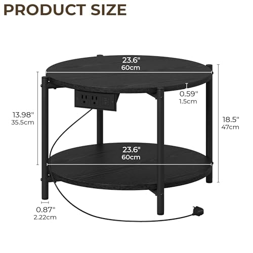 LIKIMIO Side Table, 23.6" W Round End Table with with Charging Station, Modern Wooden Nightstand for Small Spaces, Living Room, Bedroom, Black