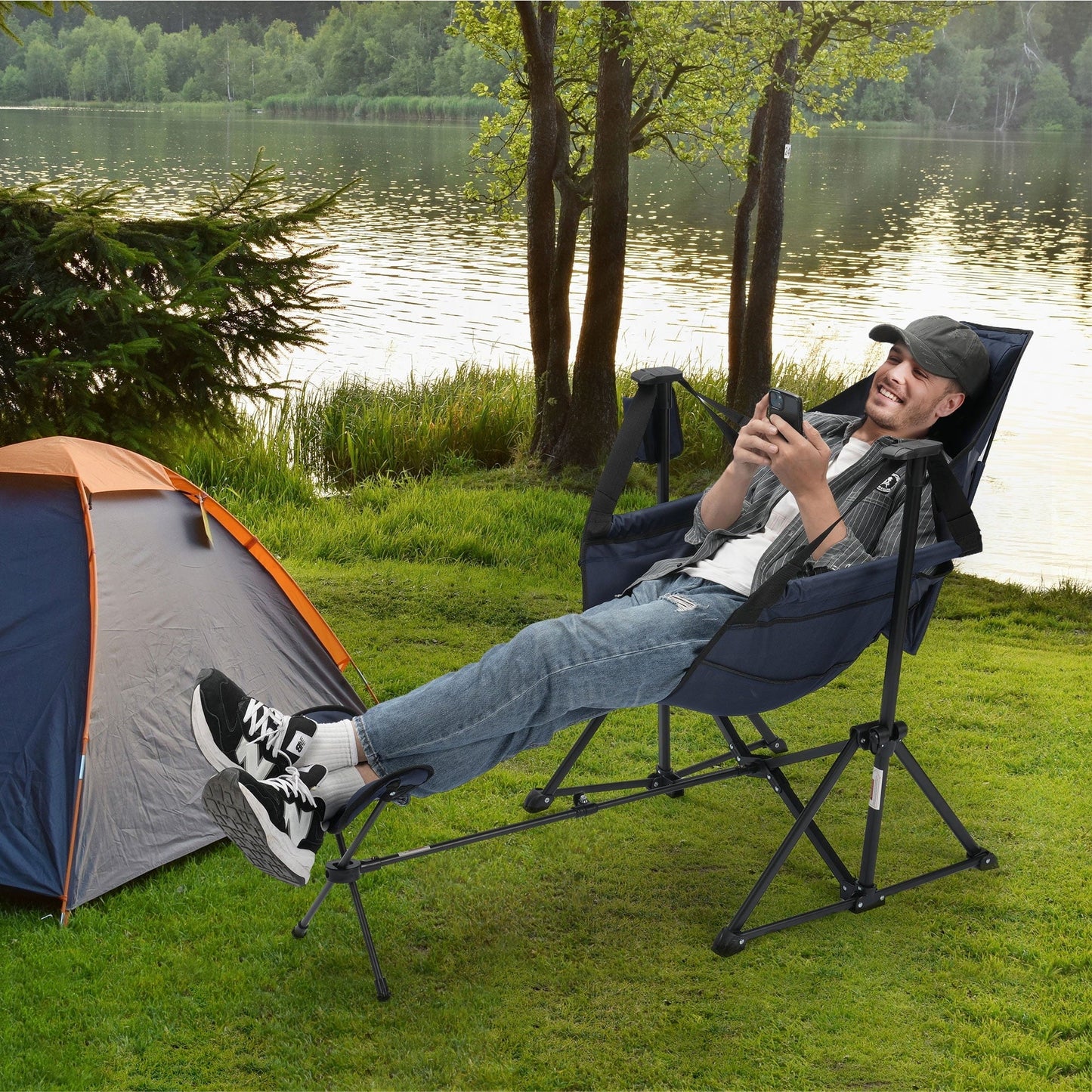 Heavy Duty 350lbs Portable Folding Camping Chair w/Adjustable Backrest & Retractable Footrest - Compact Outdoor Lawn Chair with Headrest, Cup Holder for Camping, Fishing, Hiking, Backyard