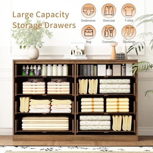 Sscaktu 8 Drawer Dresser for Bedroom, Modern Fluted Double Dresser, 55" Wide Chest of Dressers, Mid Century Wooden Beside Table for Closet, Living Room and Entryway, Natural