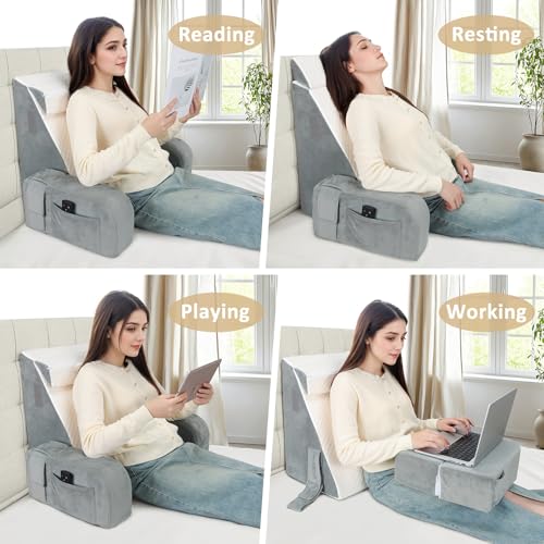 Reading Pillow for Sitting in Bed Adult, Back Pillow for Bed Sitting up, Reading & Bed Rest Pillows for Watching (White/Gray)