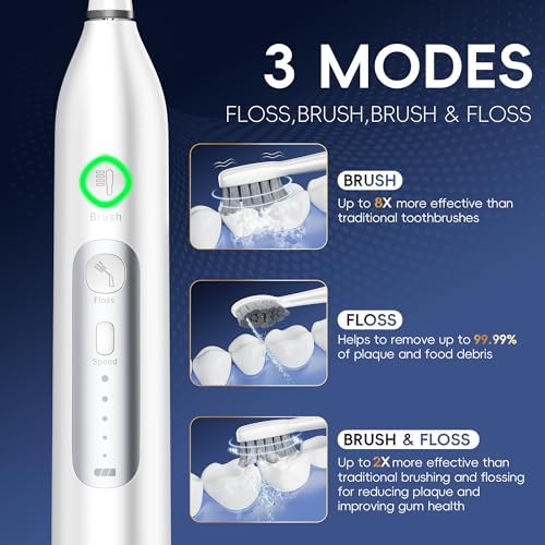 Electric Toothbrush with Water Flosser Combo, 3 Sonic Cleaning Modes, 5 Flossing Speeds, 4 Brush Heads, Portable Flossing Toothbrush for Adults Teeth Cleaning for Plaque Removal