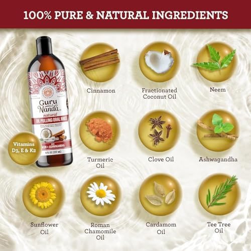 GuruNanda Ashwagandha Oil Pulling Mouthwash, Promotes Calmness, With Neem & Roman Chamomile for Fresh Breath & Happy Gums, Alcohol-Free, With Toothbrush & Tongue Scraper, 8 Oz
