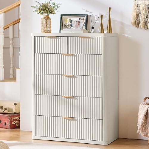 LEYAOYAO Fluted 6 Drawers Dresser for Bedroom, 43" Tall Modern Chest of Drawers with Metal Handle, Curved Profile Design,White Wood Drawer Organizer for Bedroom, Living Room, Hallway, Entryway