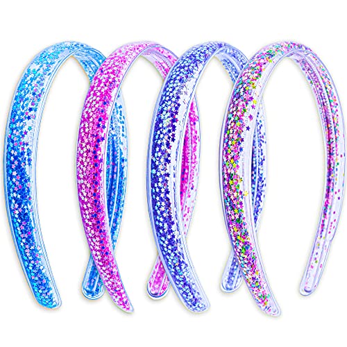 FROG SAC 4 Glitter Headbands for Girls - Sparkly Kids Headband with Comb Teeth, Thin Little Girl Sparkle Head Bands, Confetti Toddler Hairband Hair Accessories, Easter Basket Fillers Stocking Stuffers