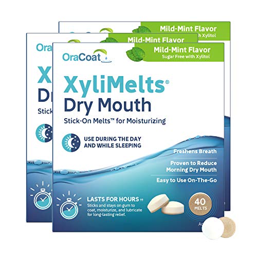 Oracoat XyliMelts for Dry Mouth Night Time or Day - Moisturizing Dry Mouth Adhering Discs, Sugar Free with Xylitol, 40 Count - Pack of 3, Mild Mint Flavor, 8-Hour Relief