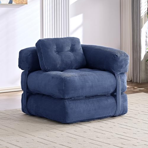 Mjkone 34" W Folding Sofa Bed, Convertible Sleeper Chair with Cushion Foldable Mattress with Armrest, Portable Fold Out Chair Comfy Floor Sofa Lounge for Living Room Bedroom Office, Navy Blue