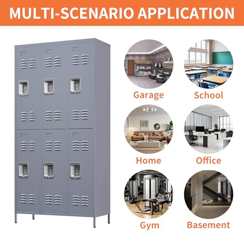 Storage Locker Cabinet, with 6 Doors and Lock, Gray, Durable & Easy to Maintain, for Living Room, Bedroom, and Kitchen