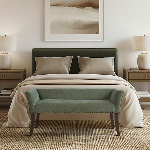 Madison Park Accent Bench, Plush Upholstered, Nailhead Trim, & Padded Seat Entryway Bench Small, End of Bed Bench with Back, 49.5" W x 19.25" D x 23" H, Green