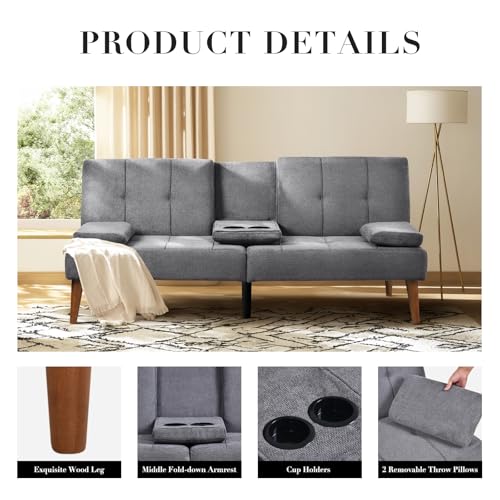 COLAMY Futon Sofa Bed-Fabric Small Couch, Small Lounge Convertible with 2 Cup Holders, Removable Soft Armrest, Adjustable Backrest for Dorm/Bedroom/College