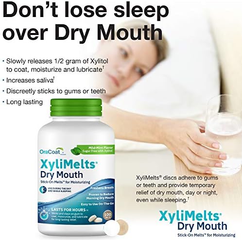 Oracoat XyliMelts for Dry Mouth Night Time or Day - Moisturizing Dry Mouth Adhering Discs, Sugar Free with Xylitol, 100 Count, Mild Mint Flavor, 8-Hour Relief