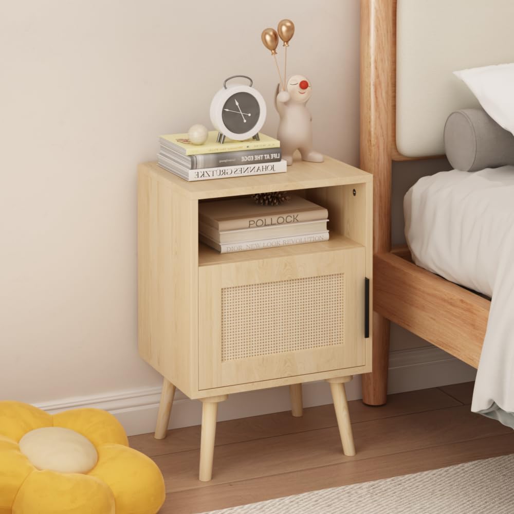 Luxebough Rattan Nightstand, Side Table with Door and Open Shelf for Small Spaces, Accent Boho Night Stand with Solid Wood Legs, Oak Finish Bedside End Table, Premium Handmade Aesthetic, 1 Pack