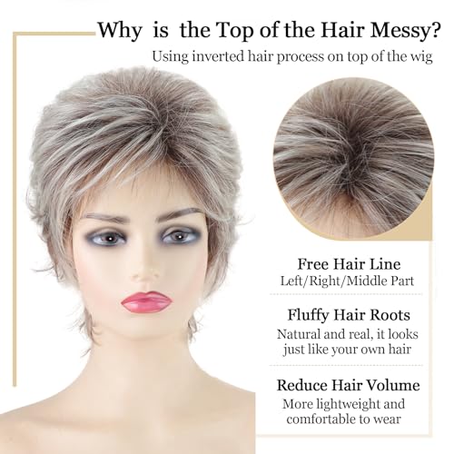 TISHINING Layered Short Blonde Pixie Wigs for White Women Dark Brown Ombre Blonde Pixie Cut Wig with Bangs Synthetic Natural Looking Daily Party Wig