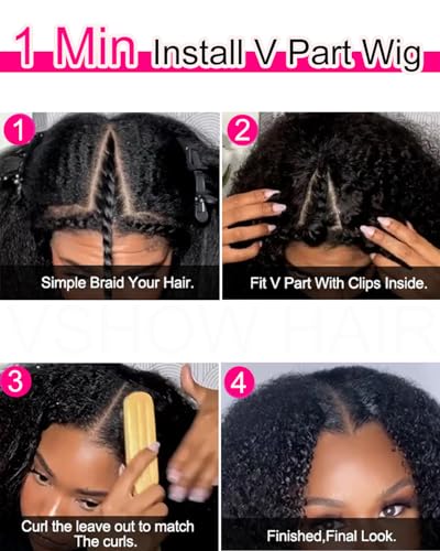 V SHOW Curly V Part Wig Human Hair Upgrade U Part Wig Human Hair Wigs for Women Glueless V Shape Wig Afro Curly Wigs No Leave Out 180% Density Natural Color 18Inch