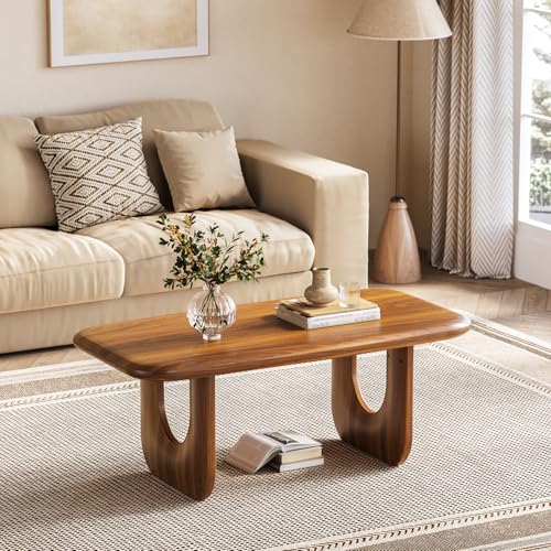 LITTLE TREE Farmhouse Coffee Table, 47 Inches Wooden Rectangular Center Tables with Rounded Corners, Modern Coffee Tables Low Cocktail Tea Furniture for Living Room (Rustic Brown)