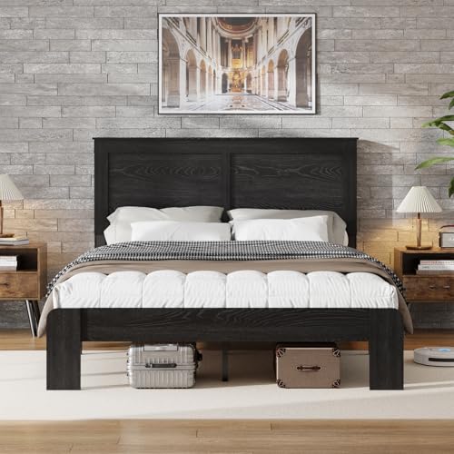 Queen Size high Bed Frame - Wooden Platform with Headboard， with Under Bed Storage， Farmhouse Rustic Bed Frame，No Box Spring Needed, Easy Assembly, Black