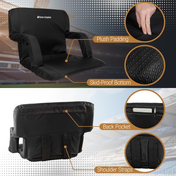 Home-Complete Stadium Seat Chair- Wide Bleacher Cushion with Padded Back Support, Armrests, 6 Reclining Positions and Portable Carry Straps