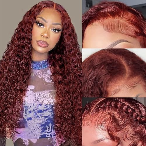 Reddish Brown Lace Front Wigs Human Hair 30 Inch Reddish Brown Curly Lace Front Wig 180 Density 33# Deep Wave 13x6 HD Lace Frontal Wigs Human Hair Pre Plucked for Women Auburn Colored Human Hair wig