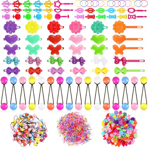 WILLBOND 1184 Pcs Hair Barrettes for Girls, Kids Barrettes Accessories Self Hinge Elastic Hair Ties Bands Assorted Ponytail Holders Cartoon Design Baby Clip Multicolor Rubber Band for Toddler