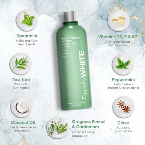 PurelyWHITE Coconut Pulling Oil - Mouthwash Mint Oil Pulling, Coconut Oil Pulling for Teeth, Pulling Oil for Teeth Whitening & Healthier Teeth & Gums - Alcohol-Free Freshens Breath W/ 7 Essential Oils