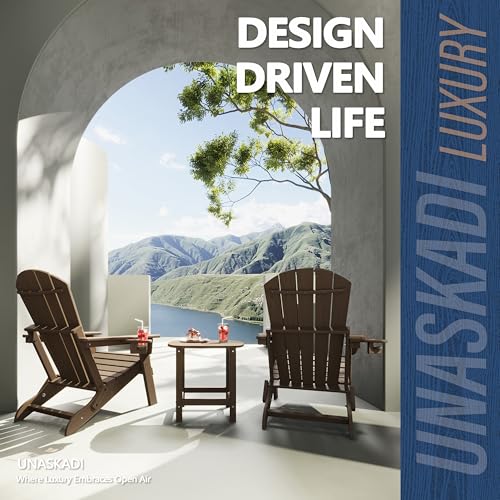 Folding Adirondack Chair Set of 4 with Cup Holder, HDPE All Weather Resistant Plastic Outdoor Patio Chairs, Heavy Duty Fire Pit Seating for Backyard Lawn Garden, Wooden Textured Design(Coffee)