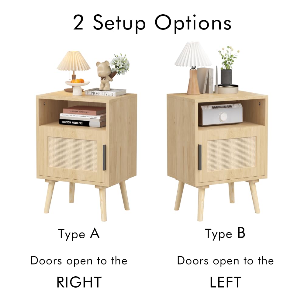 Luxebough Rattan Nightstand, Side Table with Door and Open Shelf for Small Spaces, Accent Boho Night Stand with Solid Wood Legs, Oak Finish Bedside End Table, Premium Handmade Aesthetic, 1 Pack