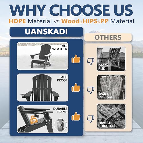 UNASKADI Folding Adirondack Chair Set of 3 with Cup Holder, HDPE All Weather Resistant Plastic Outdoor Patio Chairs, Heavy Duty Fire Pit Seating for Backyard Lawn Garden, Wooden Textured Design(Gray)