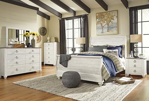 Signature Design by Ashley Willowton Farmhouse 2 Drawer Nightstand with USB Charging Ports, 25.67" Tall, Whitewash