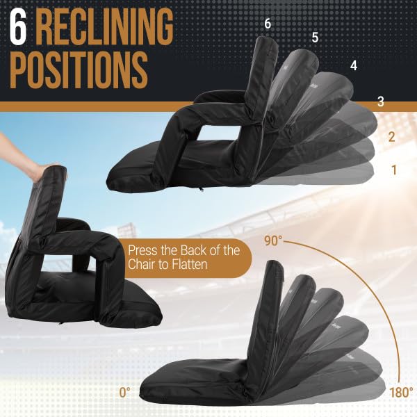 Home-Complete Stadium Seat Chair- Wide Bleacher Cushion with Padded Back Support, Armrests, 6 Reclining Positions and Portable Carry Straps