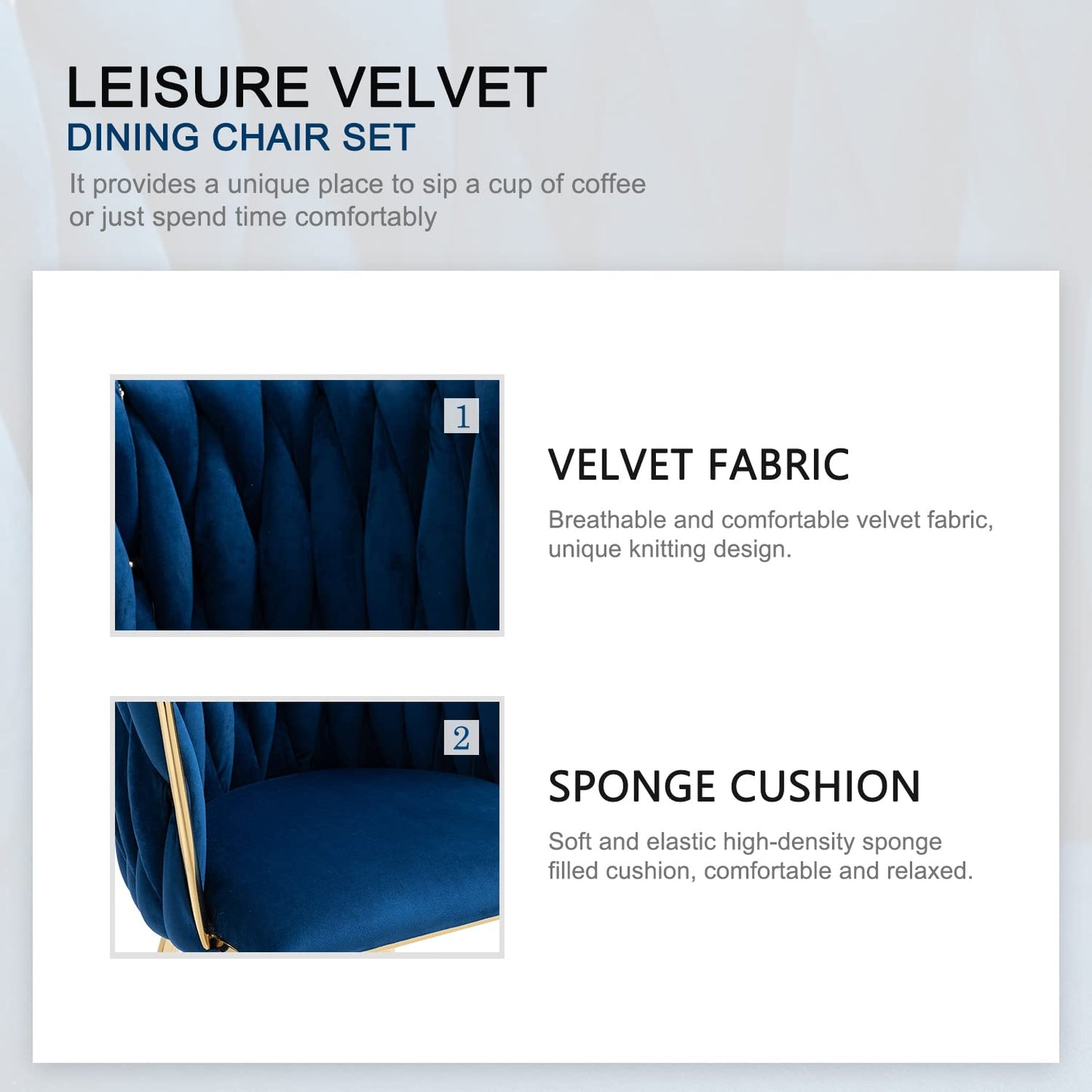 Nrizc Woven Dining Chairs Set of 4, Velvet Upholstered Dining Chairs with Gold Metal Legs, Modern Accent Chairs for Living Room, Dining Room, Kitchen (Blue)